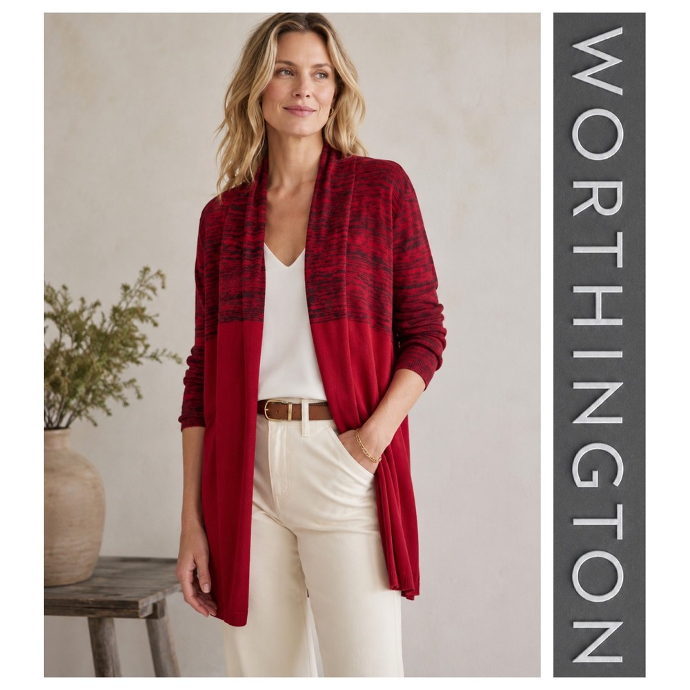 Worthington Red Black Cotton Blend Open Cardigan Sweater Career Plus Size 2X